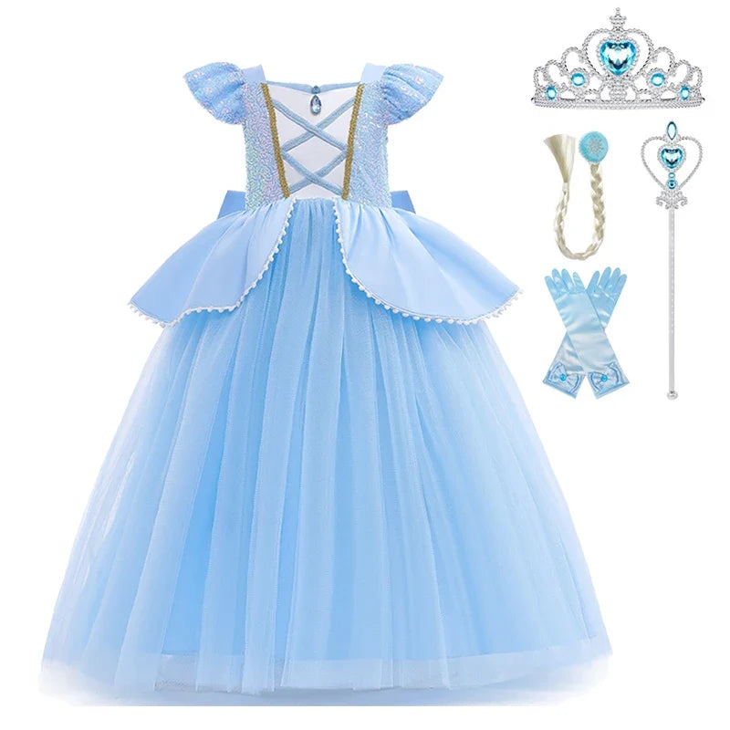 Cinderella Cosplay Costume Kids Clothes for Girls Sequins Princess Dress with Crown Gloves Birthday Party Ball Gown 2-10 Years