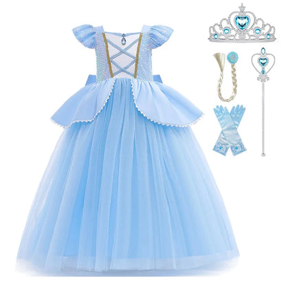 Cinderella Cosplay Costume Kids Clothes for Girls Sequins Princess Dress with Crown Gloves Birthday Party Ball Gown 2-10 Years