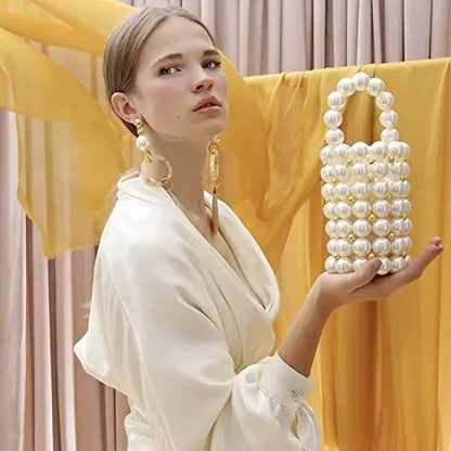 Women's Luxury Pearl Handbag Elegant Handmade Pearl Bucket Bag Detachable pearl chain shoulder Bag Dinner Party Evening Gown Bag