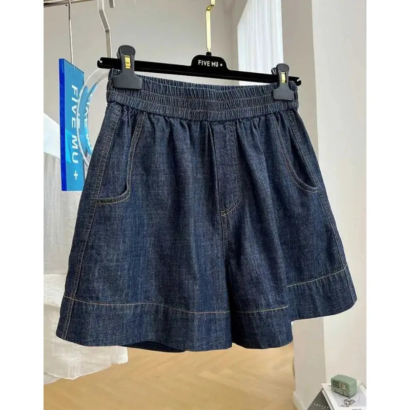 European-style high-end elastic waist casual denim shorts for women, summer thin loose high-waist A-line wide-leg hot pants