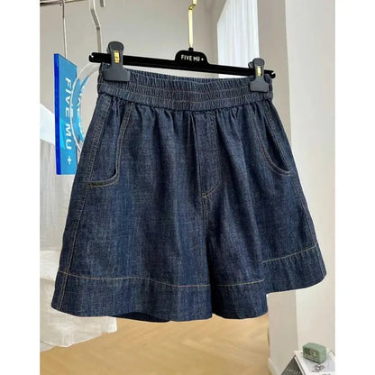 European-style high-end elastic waist casual denim shorts for women, summer thin loose high-waist A-line wide-leg hot pants
