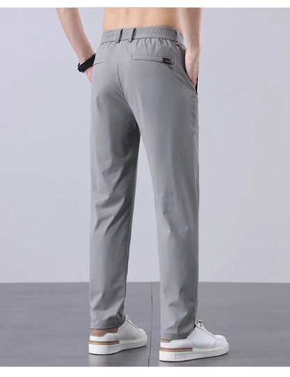 Korean Y2K Summer New Men's Ice Silk Pants All Match Elastic Sweatpants Office Business Casual Fashion Straight Suit Trousers