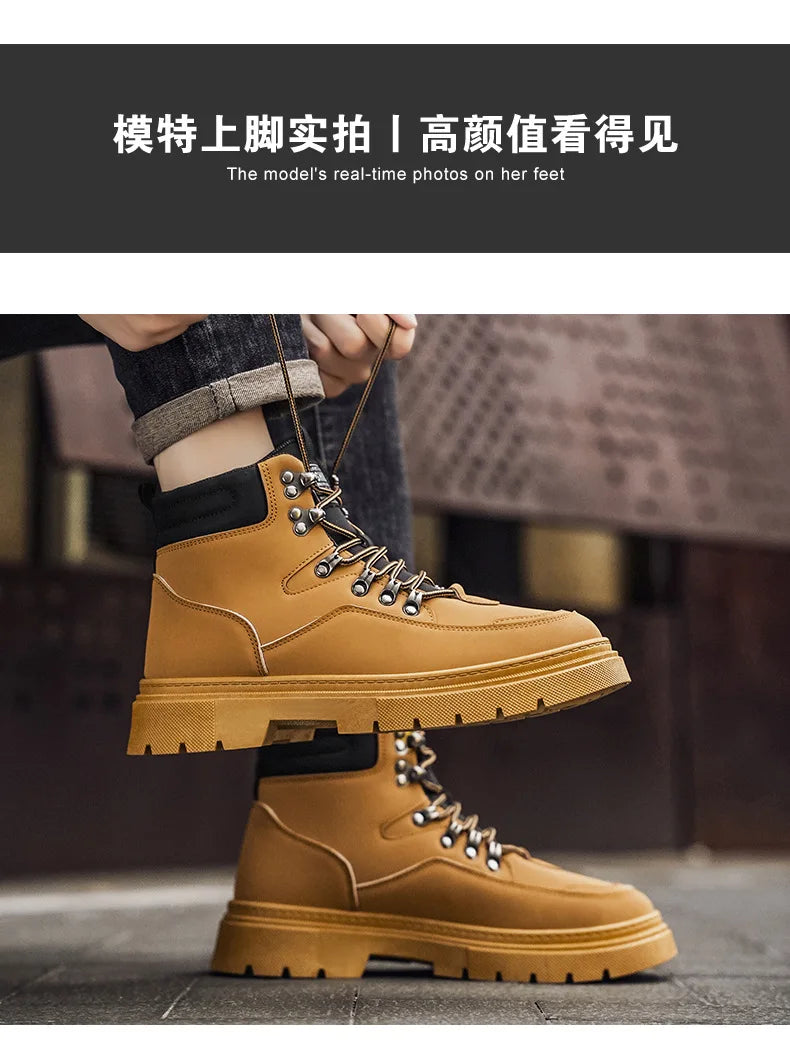 New Men's Leather Boots Brand Retro Comfortable Boots for Men 2026 Fashion High Top Non Slip Casual Shoes Business Work Shoes