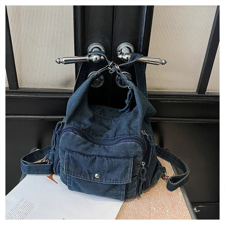 Solid Color Denim Trendy Shoulder Bag for 2025 High Quality Fashion Zipper Large Capacity Versatile Women's Crossbody Bag