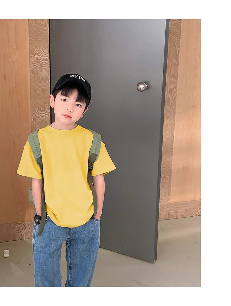 Summer Casual School Kids Cotton Plain Tee Tops Baby and Boys Short-Sleeved T-Shirt Children Outfit Clothing 1-16 Years