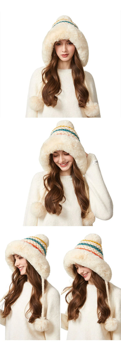 Three Pompoms Skullies Beanies Thick Warm Winter Hat Women Russian Fur Hat Ladies Knitted Hat Female Snow Ski Earflap Cap