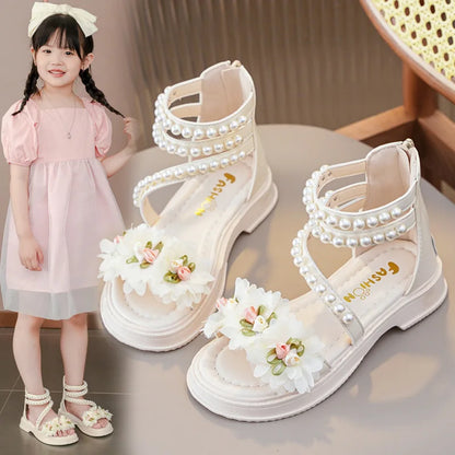 Children's Sandals for Girls Elegant Sandals Pearl Beading Sweet Princess Dress Shoes Kids High-top Roman Sandals Back Zipper