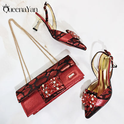 2025 Wine Colour Wedding Women High Heels for Italian Design Shoes and Bag Rhinestone Decorate Pointed-Toe Gorgeous Parties