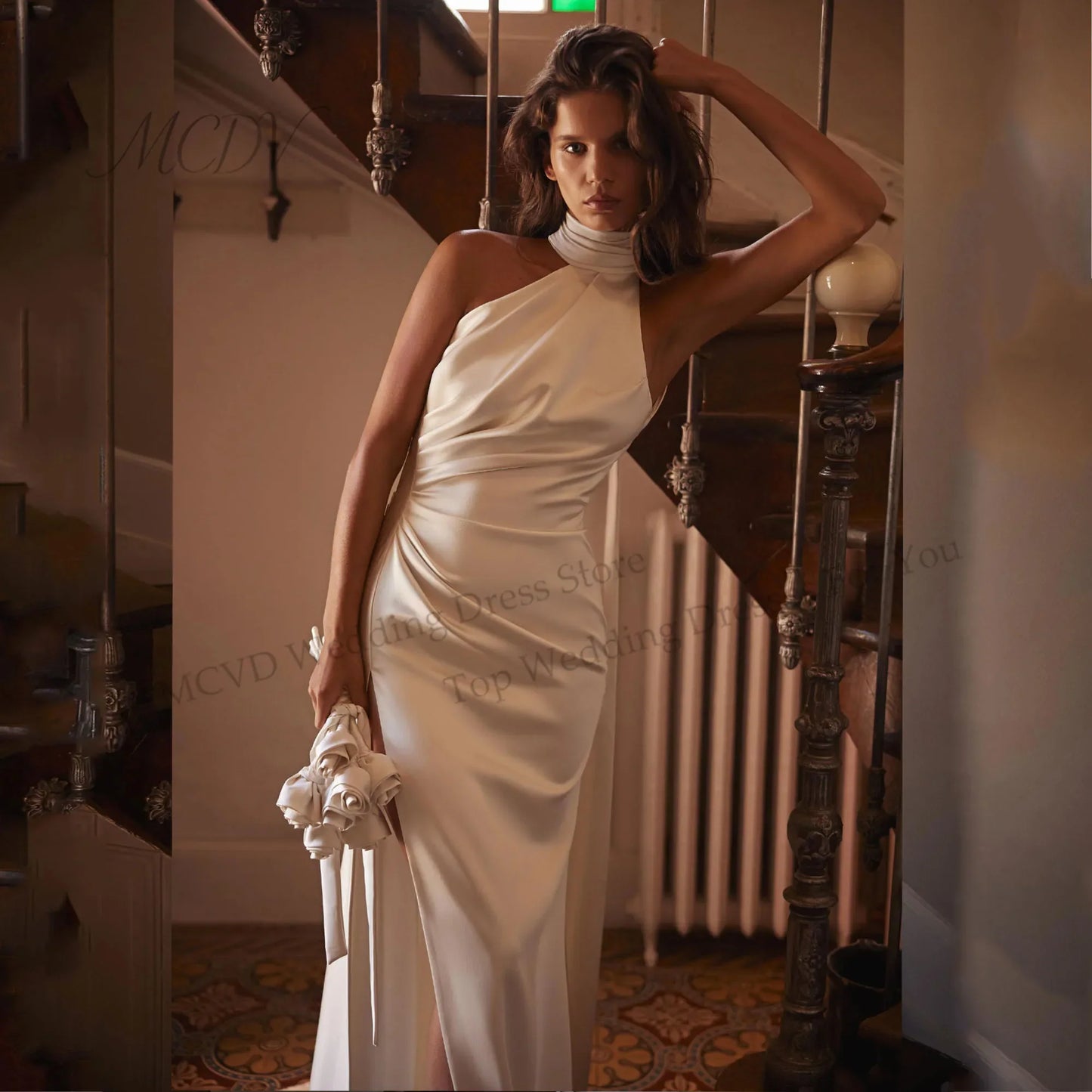 Sexy Pleat Halter Mermaid Wedding Dress 2026 Sleeveless Open Back High Side Split Vestidos De Novia Bridal Gown Customized