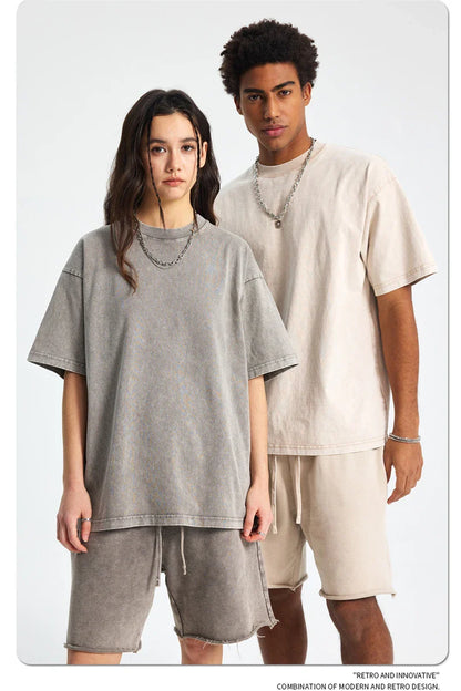 2025 High Street Summer Washed Cotton T-Shirt Tees For Men Unisex Loose Retro Solid T Shirts Brand Tops HY0113