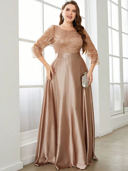 Crew neck long sleeve sequin patchwork satin long gown ball dress Party dress Bridesmaid dress