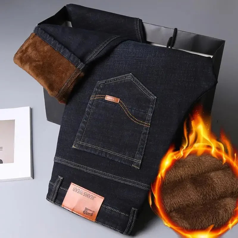 2025 New Business Casual Trousers Grey Fleece Men Clothes Black Blue Elasticity Warm Winter Jeans Velvet Jeans 28-40