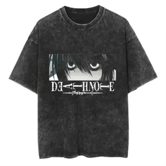 Harajuku Vintage Washed Death Note T Shirt Men Anime Graphic Printing T Shirt Cotton Fashion Streetwear Unisex Top Tee