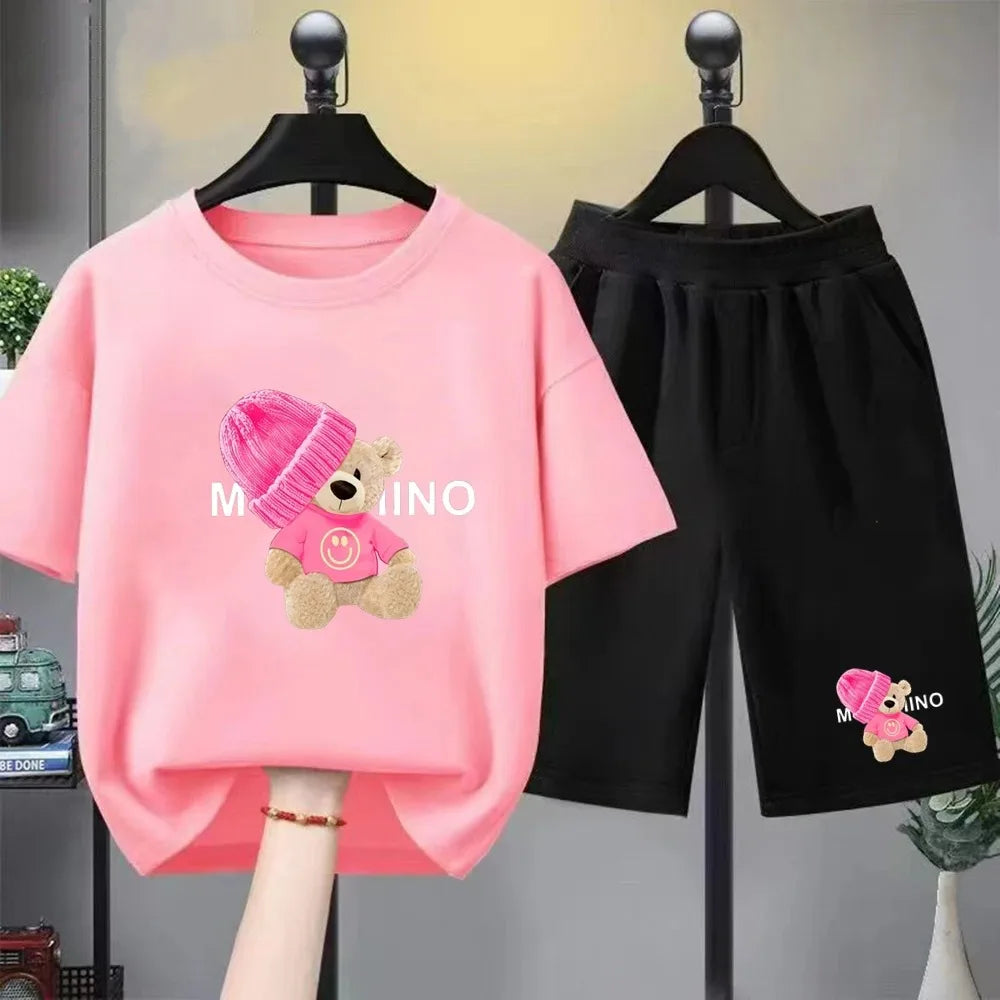 Children's Fashion Summer Clothes Set Loose Fit Cotton Tee + Elastic Waist Shorts for Boys Girls Outdoor Wear