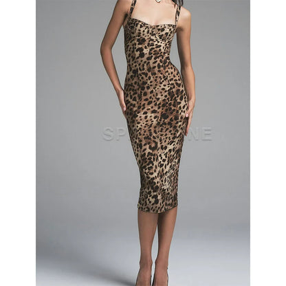 Sexy Leopard Print Dress Women's Sleeveless Fitted Stretch Bodycon Mid-Calf Dress Clubwear Evening Party Dresses