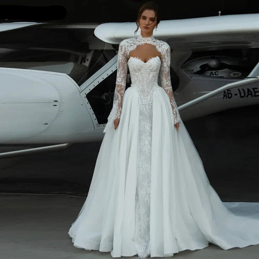 Customized A Line Strapless Lace Wedding Dresses Illusion Bridal Gowns with Removable Lace Jacket
