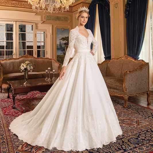 Saudi Arabian Wedding Dress Bridal Gown Customized V Neck Long Sleeves Sparkling Beading Applique Satin Arab Bride Dresses
