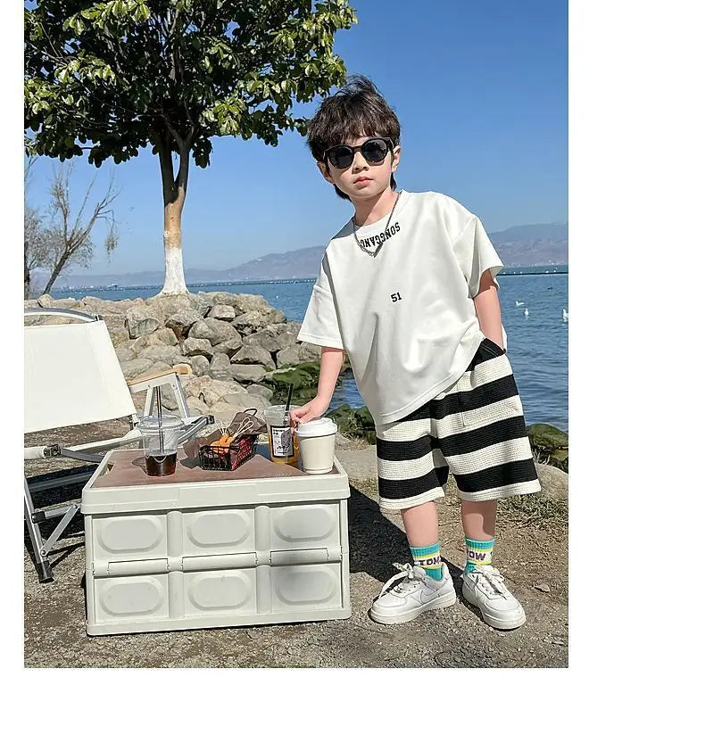 Summer Boys Cotton Leisure White T-Shirt Tops+Contrast Stripes Shorts Pant Set School Kids 2PCS Tracksuit Children Outfit 3-14Yr