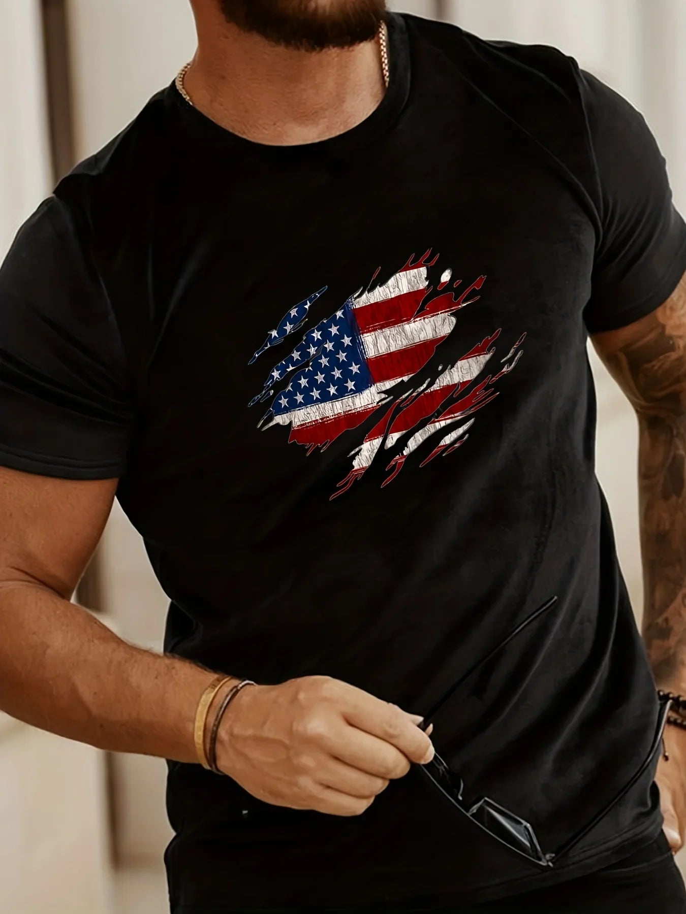 Men's Summer Casual Loose Size 100% Cotton Trendy American Flag Pattern Print Round Neck Short Sleeve T-shirt Top