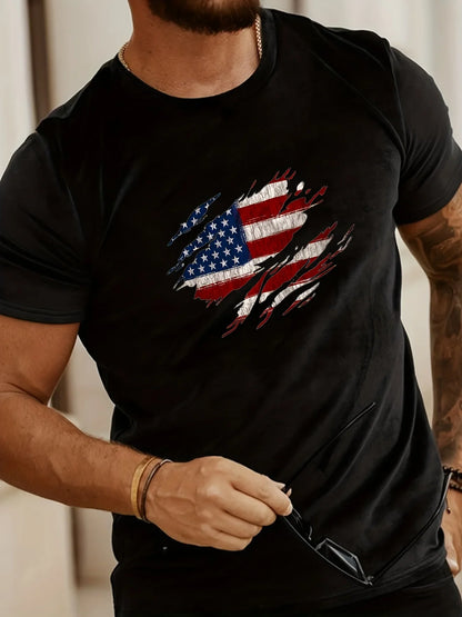 Men's Summer Casual Loose Size 100% Cotton Trendy American Flag Pattern Print Round Neck Short Sleeve T-shirt Top