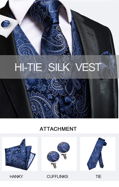 Men's Silk Vests Fashion Dark Green Floral Jacquard Handkerchief Cufflinks Necktie Sleeveless Wistcoat Sets Wedding Party