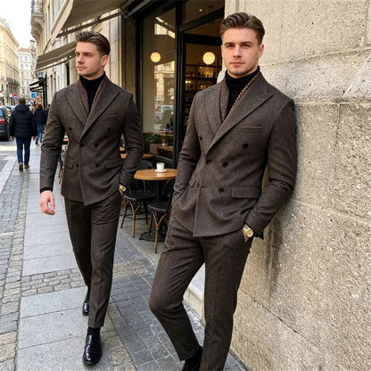 Wool Blend Men's 2 Piece Suit Set（Jacket+Pants) Double Breasted Lapel Suit Set Wedding Prom Dinner Wrok Travel Dinner Banquet