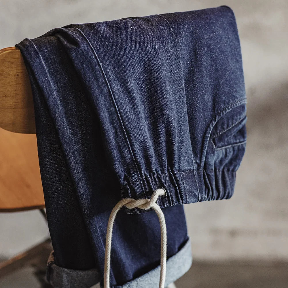 Casual 10oz Jogger Denim Jeans with Elastic Waist Drawstring Washed Straight Trousers for Men's Spring and Autumn Pants