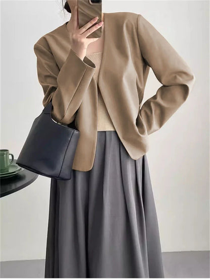 2025 Spring Autumn Fashion New Women's Suit Jackets Solid Short Coats Korean Blazers Long Sleeve Cardigan Coat Without Placket