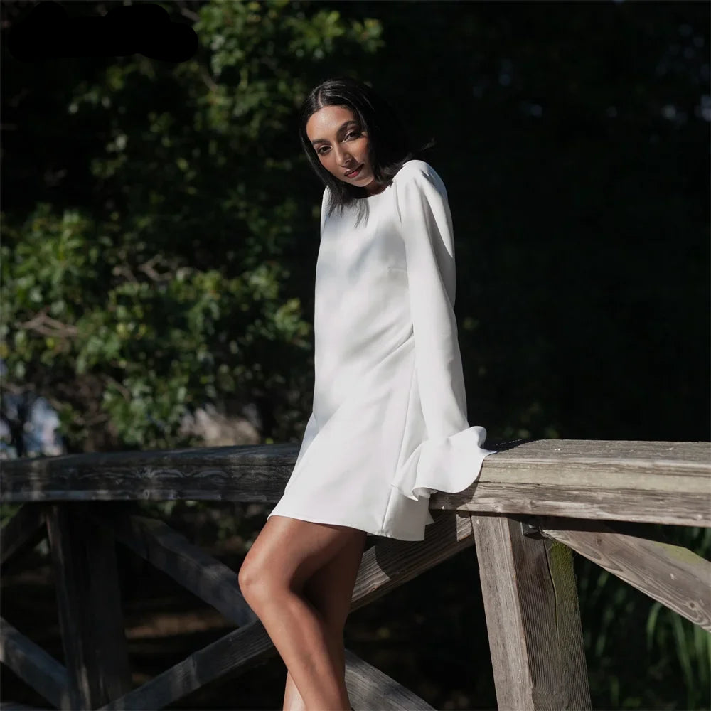Princess Short Wedding Dress Mini Satin Long Sleeves Bride Dress O Neck Backless Bridal Gown customized vestidos de novia