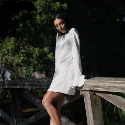 Princess Short Wedding Dress Mini Satin Long Sleeves Bride Dress O Neck Backless Bridal Gown customized vestidos de novia