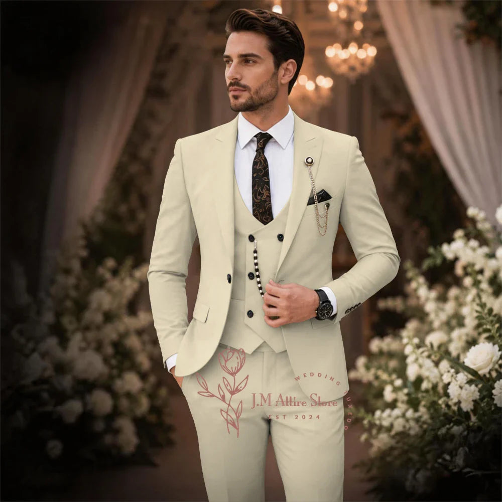 Sage Green Suit Men's 3 Piece Set Peak Lapel Jacket Vest Pants Custom Slim Fit for Wedding Groom Cocktail Party Tuxedo