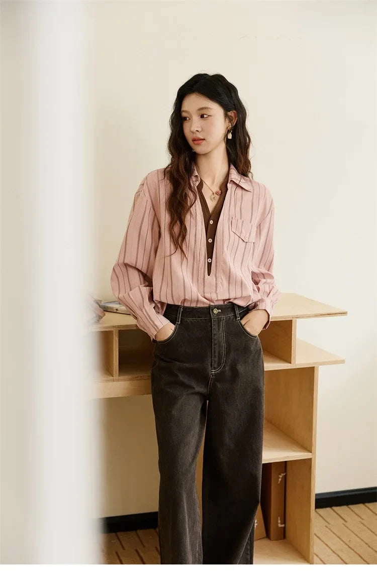 Peach Skin Velvet Stripe Shirt for Women Autumn 2025 Double Layered Collar Contrasting Color Shirt Commute Top MXE47C2408