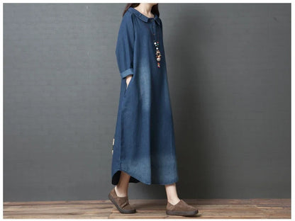 Women's Denim Dr Long Sve Loose Fit irt Sle Autumn Spring Faion plus Size Clothing Meat Concealing Slimming Skirt