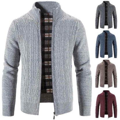 Winter Autumn New Sweater Knit Cable Cardigan Men Business Casual Jacket Zipper Up Solid Color Turn-down Coat Fleece Clothes