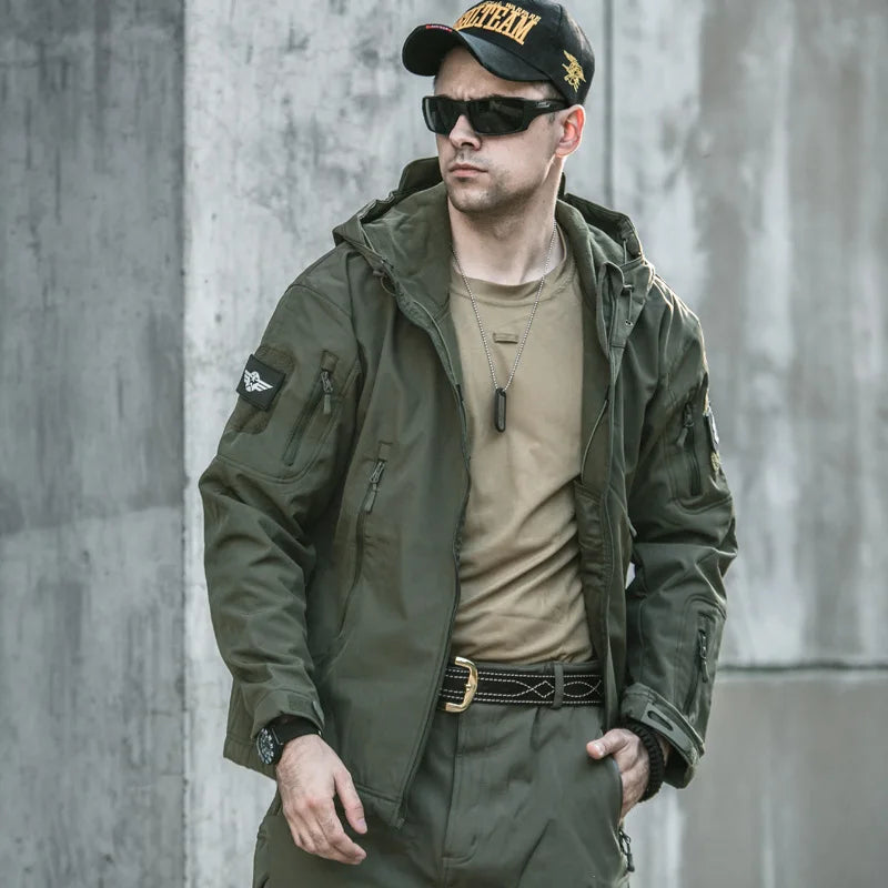 Men's Military Tactical Jackets Full Zip Shark Skin Soft Shell Tactical Waterproof Windbreaker Outdoors Hiking Hooded Coat S-4XL