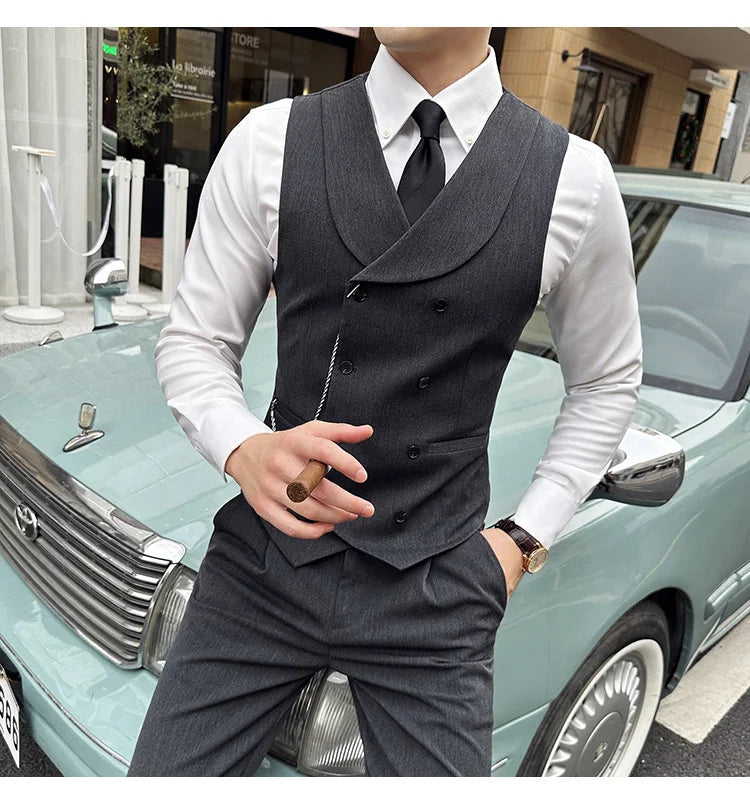 ( Vest + Pants) Men Luxury Double Breasted Design Suit Vest 2 pieces Formal Groom Wedding Dress Vest Set Fashion Club Clothing