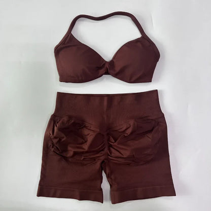 NO LOGO 2PCS Gym Set Women Strappy Yoga Bra Top High Waist Workout Scrunch Shorts Sports Suit Seamless Yoga Set Fitness Clothes