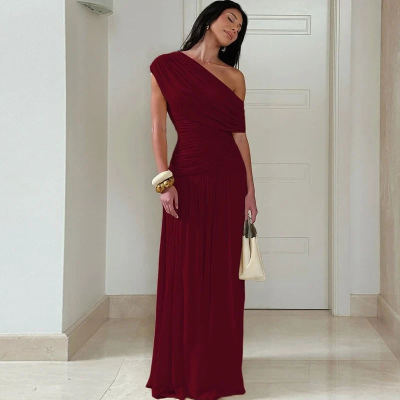 One Shoulder Ruched Sleeveless Solid Pleated Sexy Irregular Y2K Maxi Dress Summer Elegant Party Women Clothes Vacation