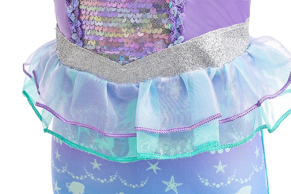 Halloween Costume Mermaid Dress Girl Ruffles Shell Fishtail Frocks Ariel Fantasy Luxury Princess Gown Children Fancy Fairy Dress