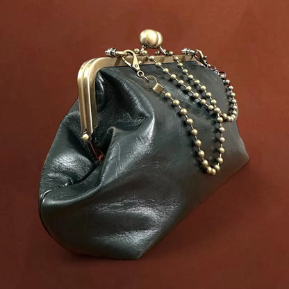 Lost in Vintage Artficial Leather Bag Tailored BBag Metal Frame Kiss Lock Bronze Snap Closure with Spheres Purse 30x16x9cm