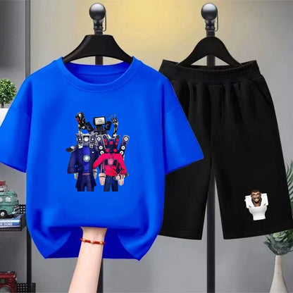 Skibidi Toilet Children T-shirt+bottom wear Age 3-12 Girls boy Set black 2pcs Kids Set Print Summer Anime Toilet Monitor Tshirt