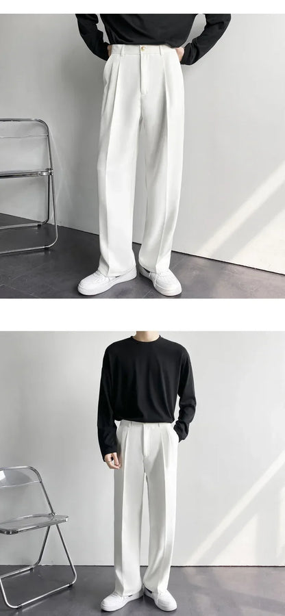 2024 Spring Autumn Men's Fashionable White Korean Style Casual Pants Street Draped Straight Loose Suit Casual Trousers Male