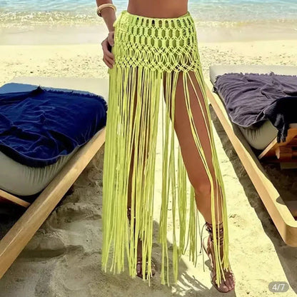 تنانير الشاطئ المصنوعة يدويًا بالكروشيه بشرابة عصرية ومثيرة بفتحة جانبية عالية للنساء من Beachapche