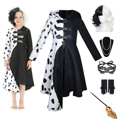 Cruella Deville Costume Black Dalmatian Jumpsuit Dress Girls Halloween Cosplay Party Dress up