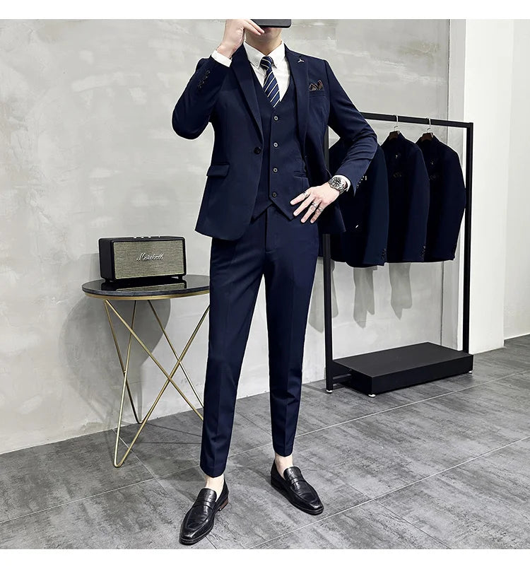 S-7XL Jacket Vest Pants Luxury Elasticity Boutique Fashion Men's Solid Color Casual Business Suit 3-piece Sets Groom Wedding