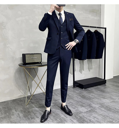 S-7XL Jacket Vest Pants Luxury Elasticity Boutique Fashion Men's Solid Color Casual Business Suit 3-piece Sets Groom Wedding