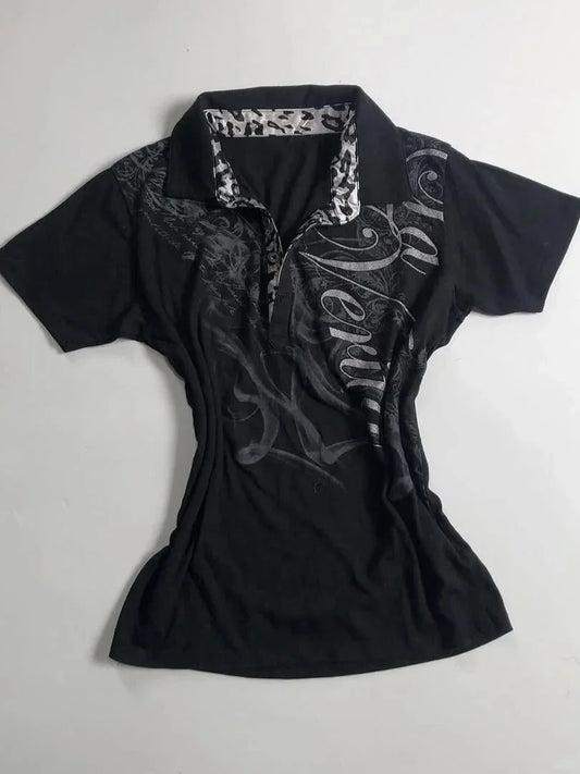 Vintage Y2k T-shirt Polo Letter Print 90s Slim Goth Punk Aesthetic Harajuku Summer Woman Clothes Streetwear Crop Top Grunge Tees