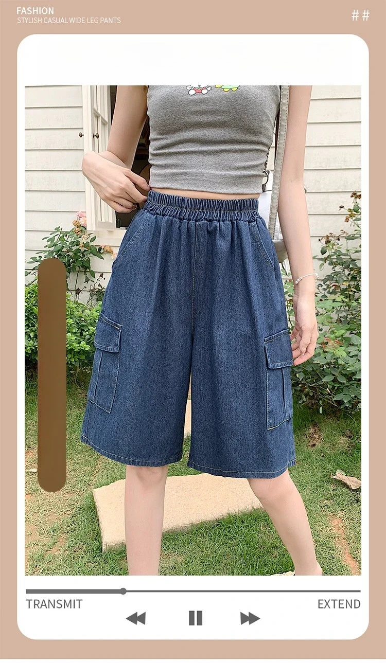 2026 Summer New Women's Denim Shorts Straight Trendy Loose Versatile Dad Shorts Thin Japanese Style Knee-length Pants
