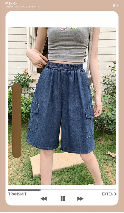 2026 Summer New Women's Denim Shorts Straight Trendy Loose Versatile Dad Shorts Thin Japanese Style Knee-length Pants