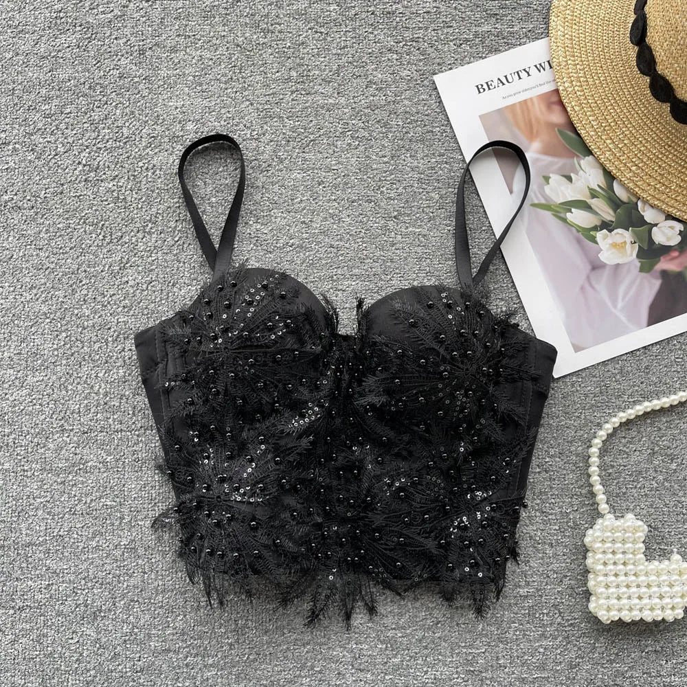 Women Hotsweet Sleeveless Sexy Chest Cushion Lace Backless Embroidered Beads Slim Straps Camis Top High Street Autumn Clothing